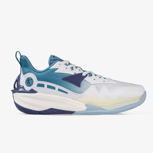 کفش بسکتبال مردانه برند 361 درجه رنگ سفید و آبی، طراحی سبک و مقاوم، زیره جذب‌کننده شوک و پشتیبانی قوی از مچ پا برای حرکات سریع و پرش‌های بلند در زمین بسکتبال