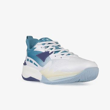 کفش بسکتبال مردانه برند 361 درجه رنگ سفید و آبی، طراحی سبک و مقاوم، زیره جذب‌کننده شوک و پشتیبانی قوی از مچ پا برای حرکات سریع و پرش‌های بلند در زمین بسکتبال